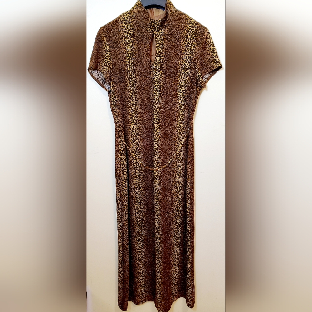 Vintage Scarlett Leopard Print Metallic Maxi Dress with Gold Accent Chain Sz 14